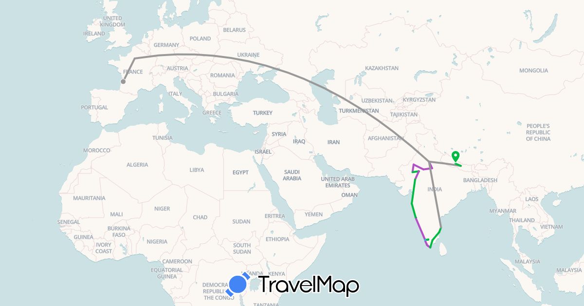 TravelMap itinerary: driving, bus, plane, train, boat in France, India, Nepal (Asia, Europe)